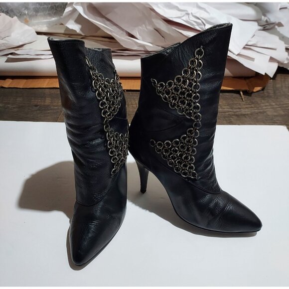 Two Lips Black Leather Boots With Chains Vintage 1980 Size 6 Roughrider - Picture 9 of 11